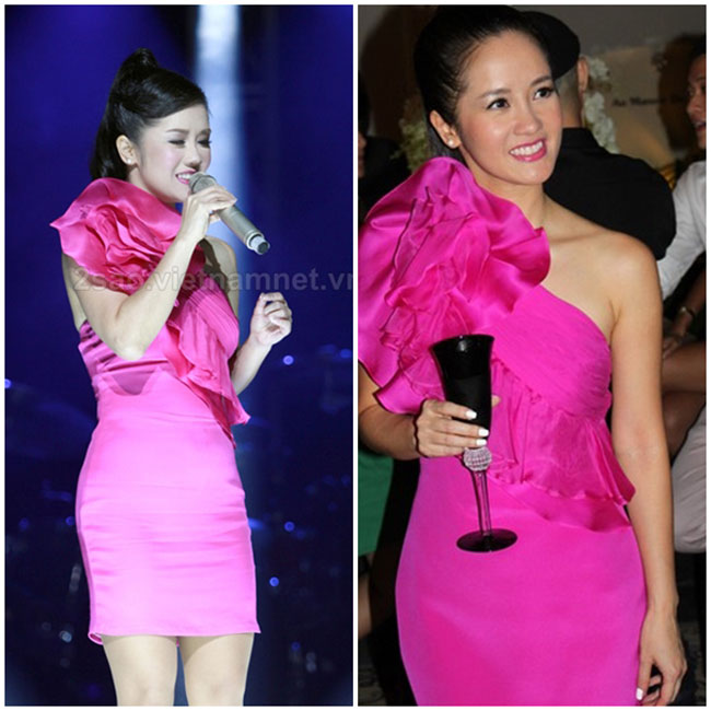 Chiếc đầm hồng lệch vai này được cô diện khi dự tiệc và cả khi đứng trên sân khấu.
