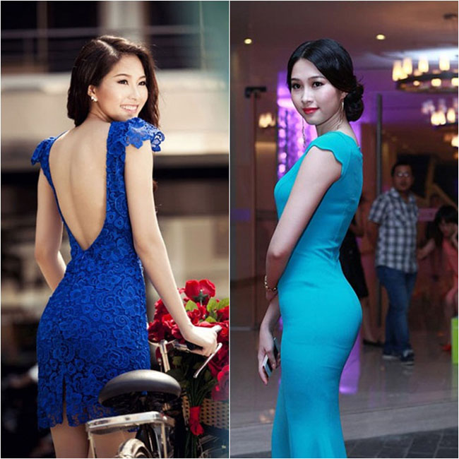 Hoa hậu khoe khéo dáng xinh với đầm xanh. Nếu đầm xanh dương với chất liệu ren mang đến vẻ xinh tươi, hiện đại thì đầm xanh cô-ban lại tôn lên đường cong và nét thanh lịch cho người mặc.
