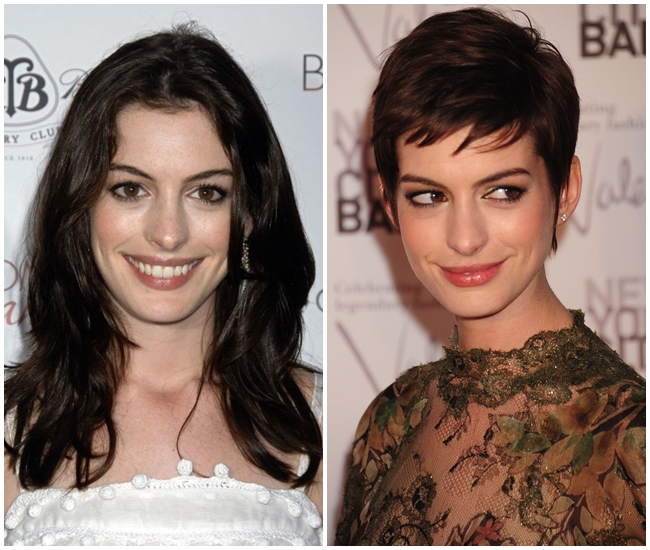 Nàng 'Miêu nữ' Anne Hathaway sau khi xuống tóc càng đẹp quyến rũ và cá tính hơn hẳn. Kiểu tóc tém ngắn ốp vào gương mặt khiến cô nổi trội trước dàn sao tóc vàng của Hollywood.
