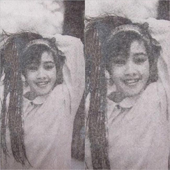 Hồng Nhung hồn nhiên, giản dị thời thiếu nữ với áo sơ mi cổ sen tròn và mái tóc buộc dễ thương.
