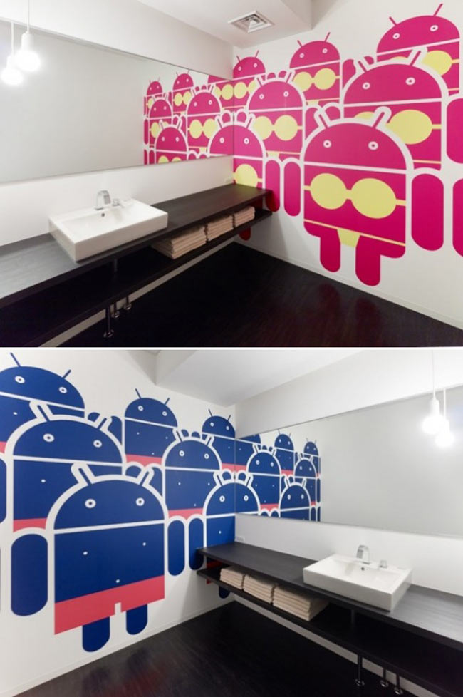 Phòng vệ sinh nam, nữ được trang trí biểu tượng Android biến tấu ngộ nghĩnh.
