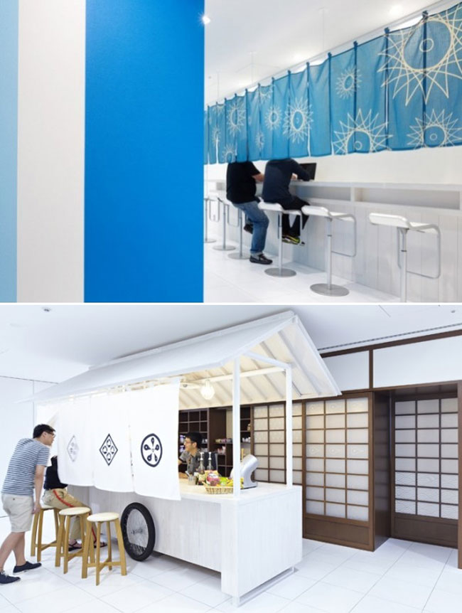 Google cung cấp tất cả các bữa ăn cho nhân viên. Do đó, không gian ăn uống rất được chú trọng. Hình ảnh quán café, cửa hàng ăn đậm chất Nhật được tái hiện hoàn hảo, thanh lịch và dễ tiếp cận.
