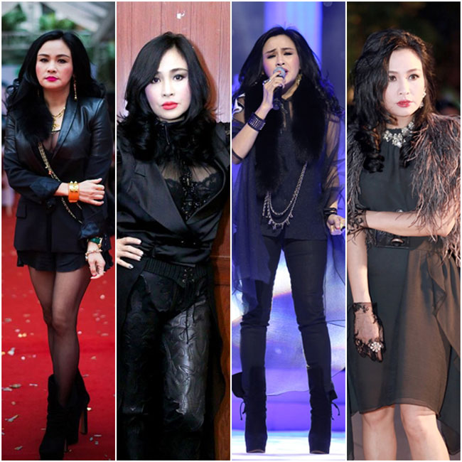 Nữ ca sĩ Thanh Lam luôn trung thành với những bộ cánh màu đen xuyên thấu và rườm rà.

