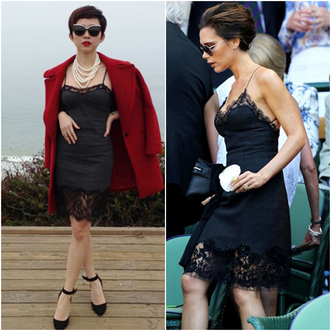 Tóc Tiên trong một kiểu váy slip quyến rũ khác khiến nhiều người liên tưởng đến hình ảnh của Victoria Beckham.
