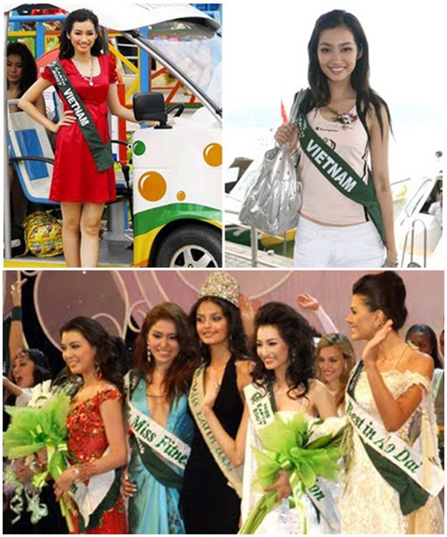 Trúc Diễm nổi bật trong dàn Hoa hậu các nước với nước da bánh mật.
