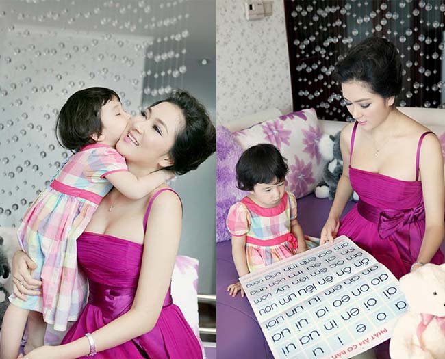 Bên con gái, Hoa hậu Nguyễn Thị Huyền luôn cười thật tươi và ánh mắt lấp lánh hạnh phúc.
