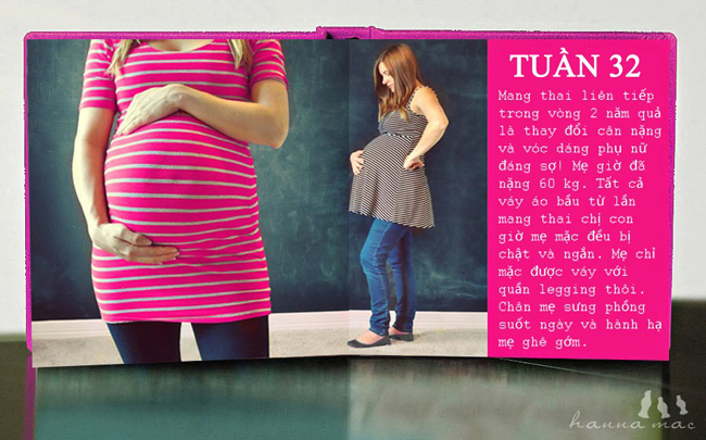Tuần 32: Mang thai liên tiếp trong vòng 2 năm quả là thay đổi cân nặng và vóc dáng phụ nữ đáng sợ! Mẹ giờ đã nặng 60 kg.

