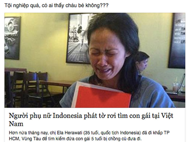 Dân mạng kêu gọi giúp bà mẹ Indonesia tìm con ở Việt Nam