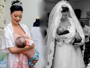 Bà bầu - Cô dâu được khen ngợi "đẹp hoàn hảo" vì cứ chốc chốc lại kéo váy cưới cho con bú