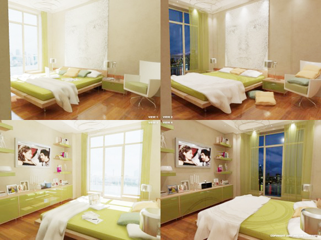 Phòng ngủ màu xanh lá đem lại cảm giác an toàn.