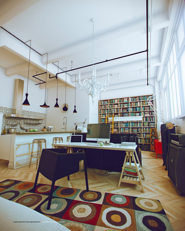 Một không gian trắng khác kết hợp phòng làm việc, bếp, phòng đọc sách.