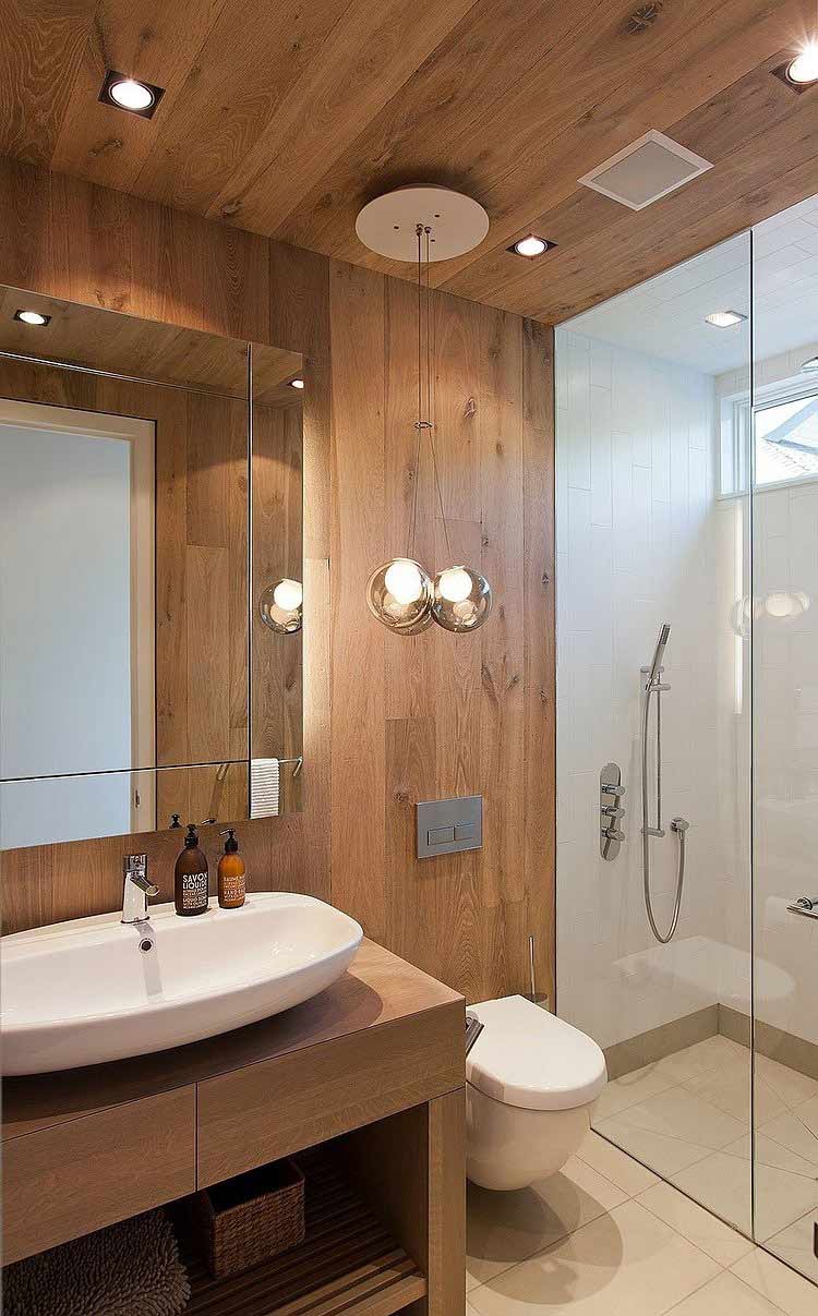 Phòng tắm cũng được ốp gỗ sồi Pháp. Các tính năng sắp xếp hài hòa.
