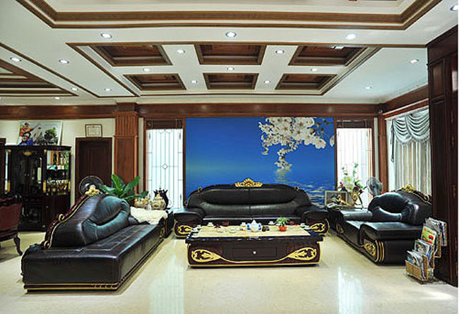 Không thể phủ nhận rằng bộ sofa bằng da màu đen đặt nơi phòng khách vô cùng hoành tráng, thể hiện được sự giàu có của gia chủ. Chỉ tiếc rằng nó lại quá cứng nhắc và có phần phô trương.
