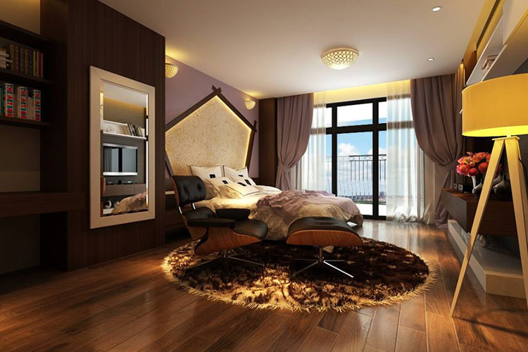 Màu sàn gỗ phù hợp với tổng thể khiến căn phòng vừa ấm áp lại sang trọng.

