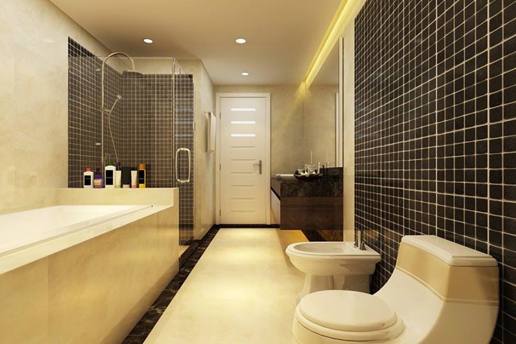 Phòng tắm đẹp tựa khách sạn 5 sao với nội thất màu kem. Những mảng tường ốp gạch men màu đen tạo điểm nhấn ấn tượng, cân bằng màu sắc cho không gian. Nội thất bên trong cũng được bố trí thông thoáng, thuận tiện cho nhu cầu sinh hoạt.

