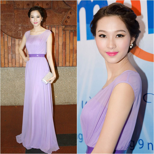 Hoa hậu Đặng Phương Thảo xinh xắn và dễ thường trong bộ đầm dạ tiệc có thiết kế đơn giản nhưng cuốn với sắc tím ngọt ngào.
