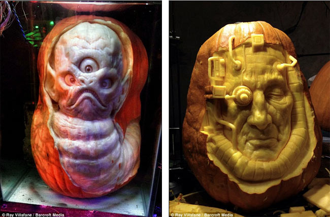 Nhà điêu khắc Ray Villafane đã tạo ra những quả bí ngô mang mặt quỷ ghê rợn như vừa bước ra từ các bộ phim kinh dị.
