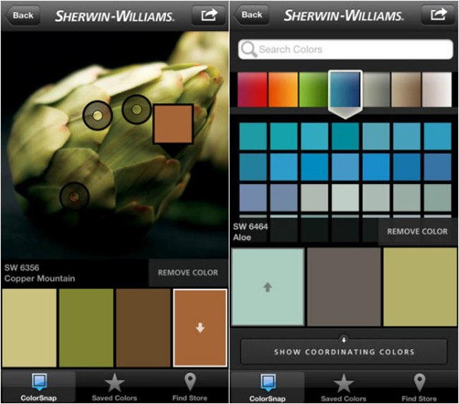 6. Sherwin-Williams ColorSnap

Ứng dụng này cho phép bạn chụp ảnh căn phòng của mình và xem nó sẽ thay đổi ra sao với các màu sơn khác nhau. Vì thế, bạn có thể biết chính xác mình thích điều gì trước khi quyết định bất kỳ sự đầu tư nào.

Ứng dụng được tích hợp trên hệ điều hành iTunes và Android.
