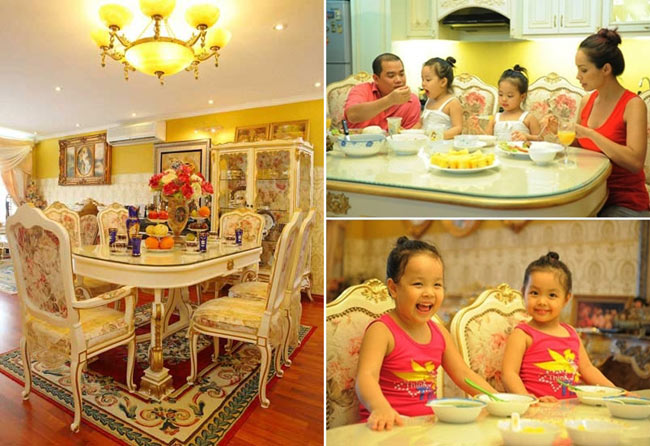 Bàn ăn và chén đĩa cũng đồng bộ với thiết kế căn nhà. Phòng ăn ấm cúng, nối liền phòng khách, là nơi để gia đình chia sẻ sự yêu thương
