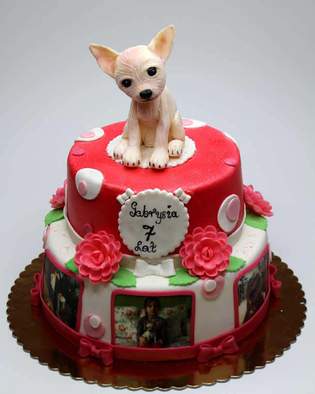 Bánh sinh nhật có hình chú cún dễ thương và ảnh của nhân vật chính cũng được tráng lên bánh.
