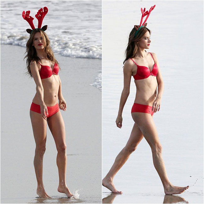 Thiên thần Victoria's Secret, Alessandra Ambrosio mới đây cũng khoe thân hình nóng bỏng trong bộ bikini đỏ với chiếc bờm sừng tuần lộc đáng yêu.
