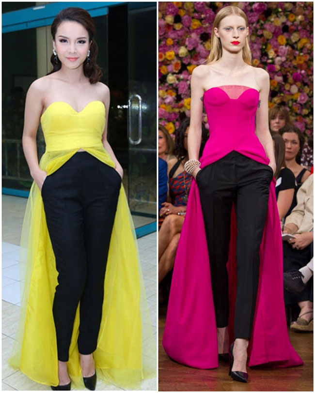 Yến Trang mặc một thiết kế bắt chước phong cách của Christian Dior nhưng lại đẳng cấp không hề thua kém hàng hiệu.
