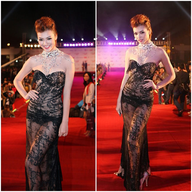 Chiếc váy gây 'rúng động' nhất trong lịch sử Liên hoan phim Việt Nam phải kể đến váy xuyên thấu của chân dài Hồng Quế vào năm 2012.
