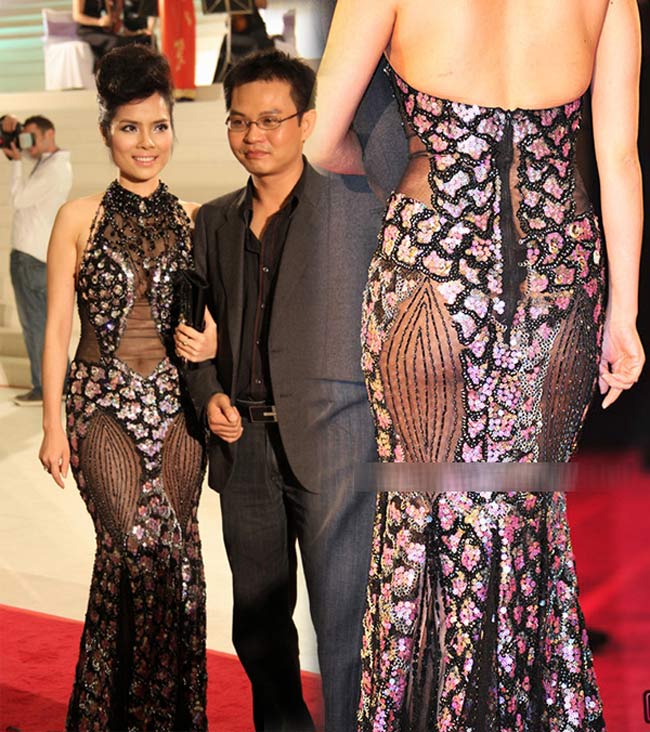 Tại thảm đỏ năm 2012, diễn viên Kiều Thanh nhận nhiều 'gạch đá' vì bộ váy xuyên thấu để lộ vòng 3 phản cảm.
