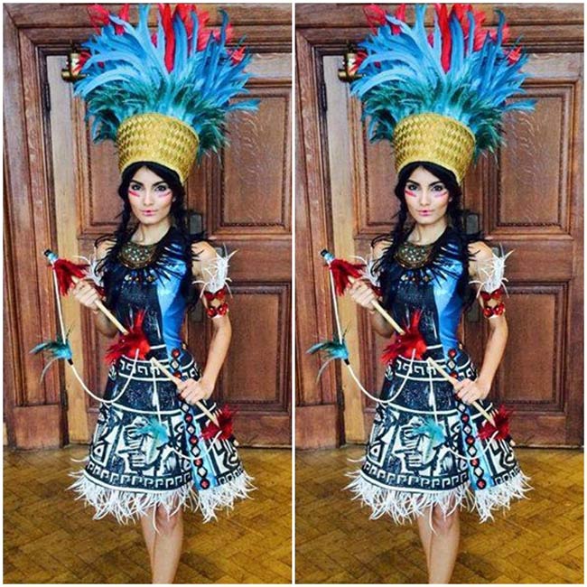 Hoa hậu  Guyana,  Rafieya Husain với bộ trang phục được lấy cảm hứng từ trang phục của thổ dân Macushi
