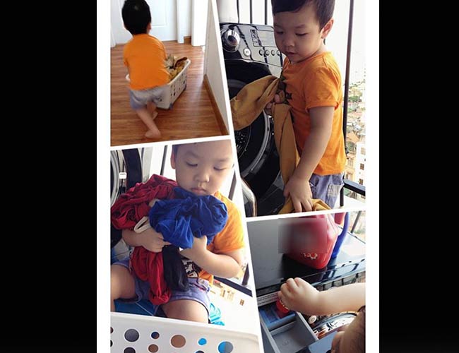 Ảnh con trai biết giúp mẹ chuyên giặt đồ được Đan Lê Khoe trên facebook đầy tự hào
