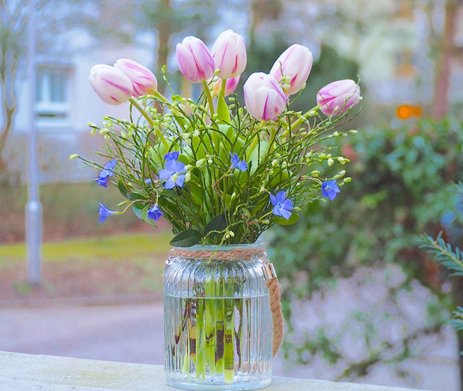 Những bông Tulip trắng hồng chỉ cần đứng một mình trong chiếc bình thủy tinh cũng đủ làm rạng ngời cả một góc.
