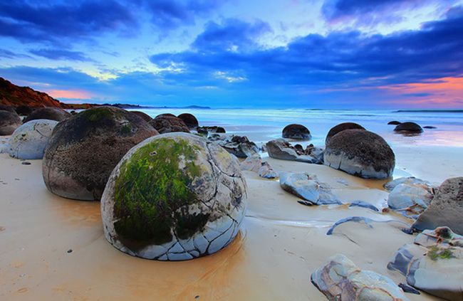 7. Bãi biển "trứng rồng": Moeraki Boulders (Những quả trứng rồng) ở bãi biển Koekohe - New Zealand - là những tảng đá trầm tích vô cùng cứng rắn. 

