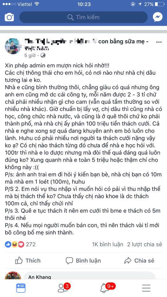 Tranh cãi chuyện nhà gái thách cưới nhà trai 100 triệu đồng - 1