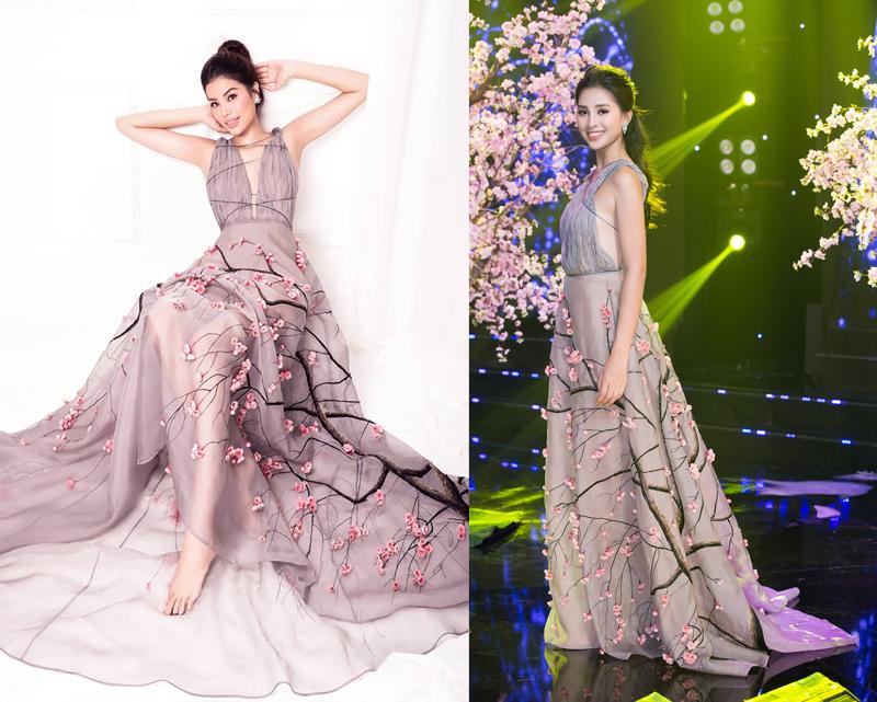 Hoa hậu Tiểu Vy vừa xuất hiện trong một chiếc váy nền nã của NTK Trần Hùng. Đây cũng là thiết kế được Phạm Hương diện lên người trong bộ ảnh thời trang, trước khi cô sang Mỹ ở ẩn. 
