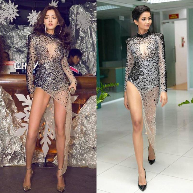 Hoa hậu H'Hen Niê khoe đường cong và đôi chân dài thẳng tắp bởi chiếc váy xuyên thấu xẻ táo bạo. Thế nhưng, dù không phải là Hoa hậu nhưng Bích Phương vẫn giữ được thế cân bằng với H'Hen. 
