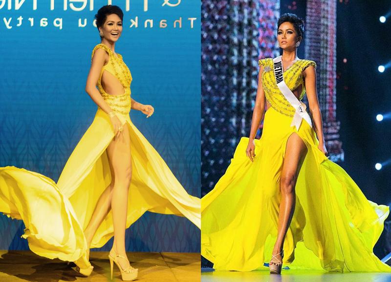 H'Hen Niê diện lại chiếc váy vàng xẻ đùi bất tận của NTK Linh San, chiếc váy giúp cô có cú xoay lịch sử trên sân khấu Miss Universe 2018. H'Hen đã diện lại chiếc váy rực rỡ này trong buổi tiệc cảm ơn khi về Việt Nam. 
