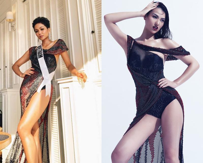 Chiếc váy xuyên thấu táo bạo của NTK Đỗ Long giúp H'Hen toả sáng như một ngôi sao thời trang tại Miss Universe, thiết kế đã được diện trước đó bởi Hồng Quế. 
