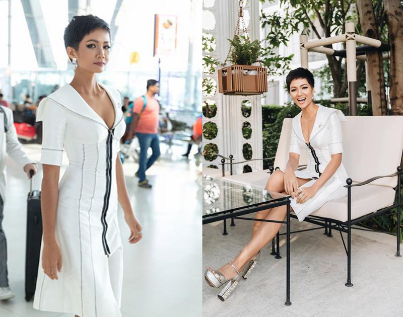 Thiết kế trắng thanh lịch mà H'Hen Niê chọn để lên đường ra sân bay Thái Lan ngày về nước, cô khéo léo mix lại để đi phỏng vấn sau khi lọt Top 5 Miss Universe 2018. 
