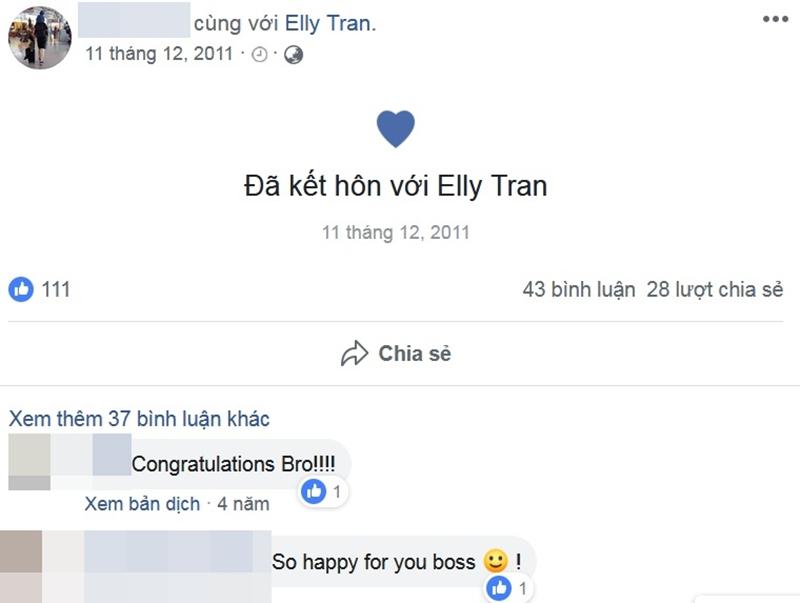Elly Trần kín đáo nhưng người đàn ông này lại chẳng ngại công khai. Chính anh đã cập nhật trạng thái kết hôn với Elly Trần từ năm 2011. Đến nay, trạng thái này vẫn còn trên trang cá nhân của anh.
