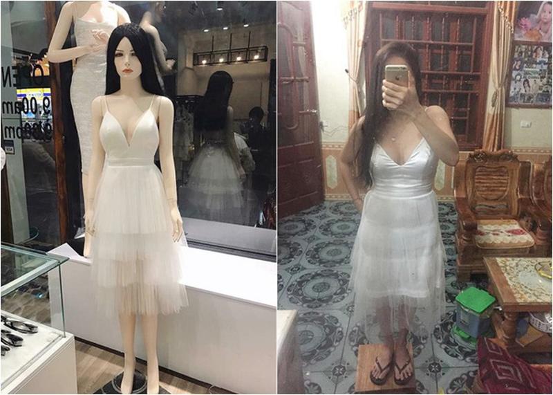 Đây là trường hợp được chụp và gửi ảnh chiếc váy trắng do ma nơ canh diện ở shop, nhìn cũng có vẻ tin tưởng được đấy nhỉ. Và rồi khi váy được giao đến và thử diện vào người cũng không hề như mong đợi.
