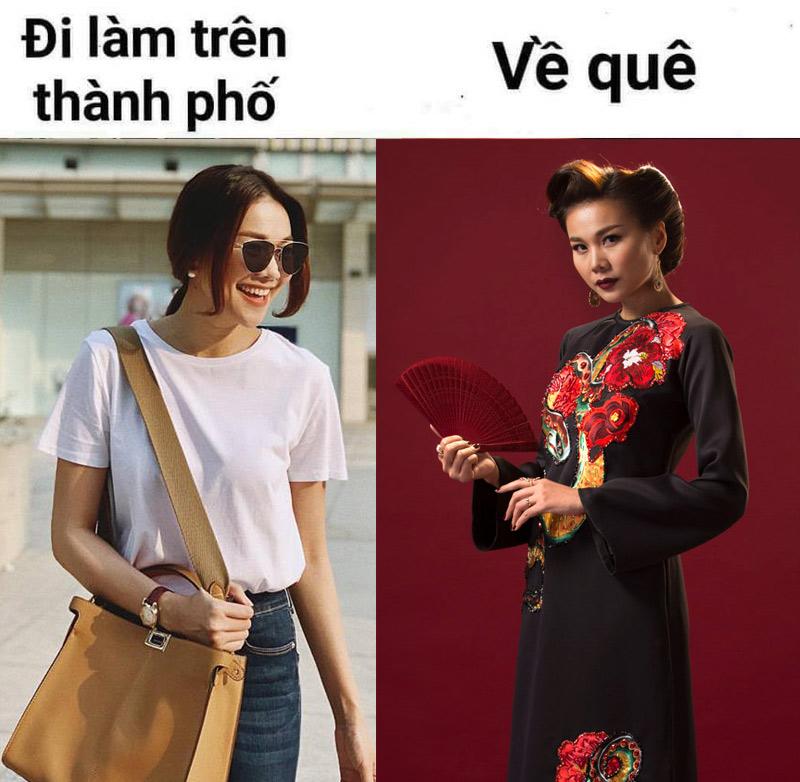 Thanh Hằng thì được ví như cô sinh viên giản dị trên phố, đến khi về nhà thì lột xác thành cô "Ba Trân" quyền lực vàng đeo đầy người. 
