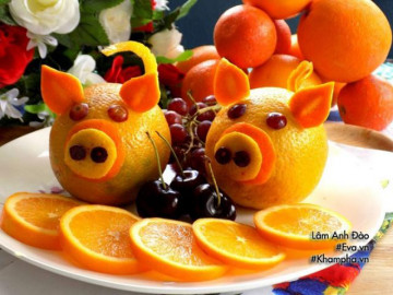 Năm Kỷ Hợi bày đĩa hoa quả hình lợn dễ thương đãi khách tới chơi nhà