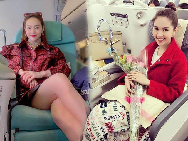 Cùng ngồi trên máy bay, Minh Hằng diện váy siêu ngắn, Ngọc Trinh trùm chăn kín mít