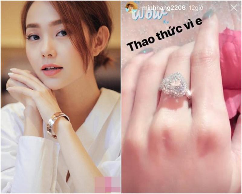 Minh Hằng cũng từng gây choáng với chiếc nhẫn có viên kim cương cực khủng hình trái tim. Cô cho biết: "Chiếc nhẫn đó không nói lên điều gì vì được Hằng đeo ở ngón giữa chứ đâu phải ngón áp út đính hôn đâu". 
