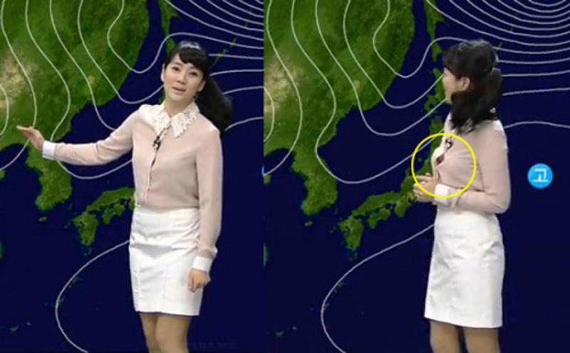 Khán giả truyền hình Hàn Quốc, nhức mắt khi vô tình bắt gặp hình ảnh kém đẹp của nữ MC bản tin dự báo thời tiết Jo Yeon Ah. Tại buổi ghi hình, cô say sưa tác nghiệp mà không biết rằng đã để lộ một phần vòng 1 trước mắt hàng triệu người xem.
