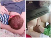 Làm mẹ - Bé trai dễ thương miệng bú no sữa mẹ, tay chân vẫn vân vê bầu ngực bên kia