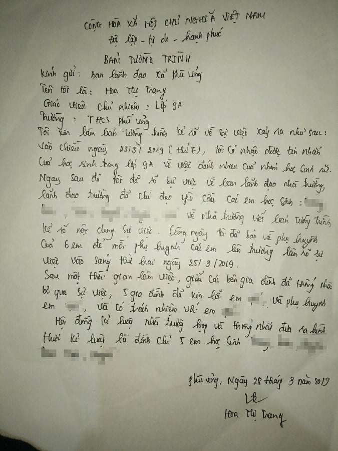 Vụ nữ sinh bị lột đồ, đánh hội đồng: Bản tường trình gây bức xúc của cô giáo chủ nhiệm - 1