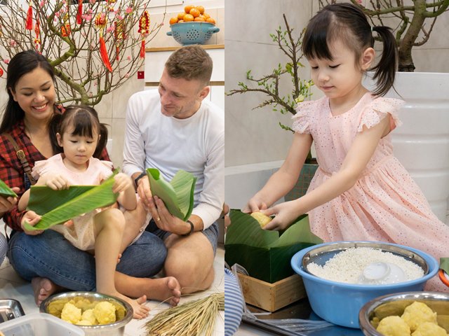 Phương Vy cùng chồng và con gái gói bánh chưng, chia sẻ cảm nhận của ông xã về Tết Việt