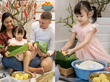 Phương Vy cùng chồng và con gái gói bánh chưng, chia sẻ cảm nhận của ông xã về Tết Việt