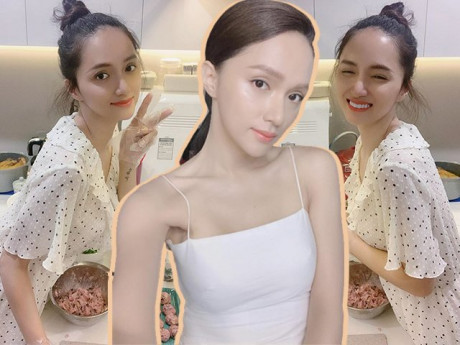 Búi tóc củ tỏi vào bếp làm nội trợ, Hương Giang “gây mê” với làn da căng mịn phát sáng